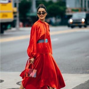 Self-Portrait Satin Midi Long Sleeve Dress